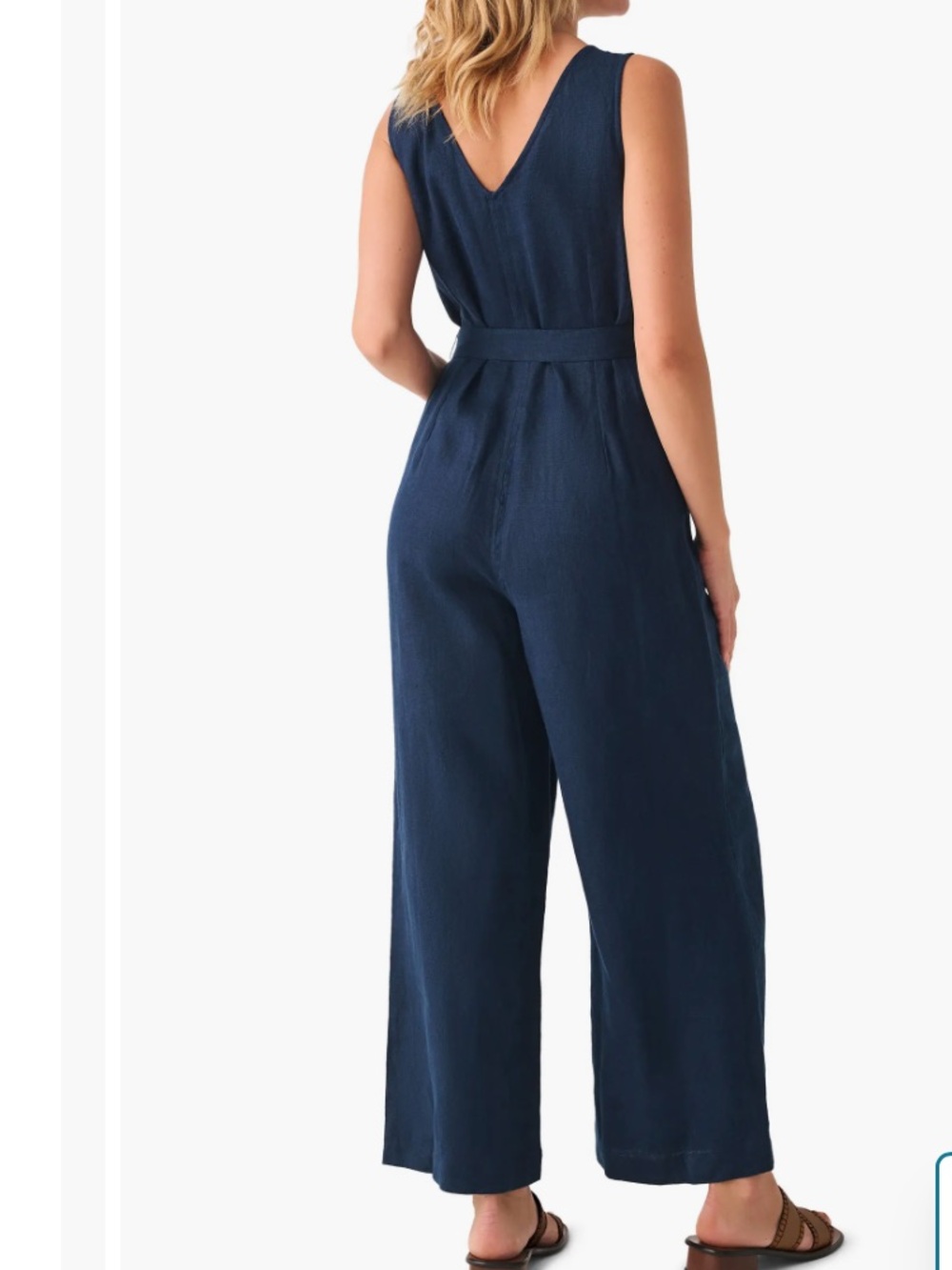 Faherty Catalina Linen Navy Sleeveless V-Neck Wide-Leg Jumpsuit with Tie Belt - Picture 3 of 7